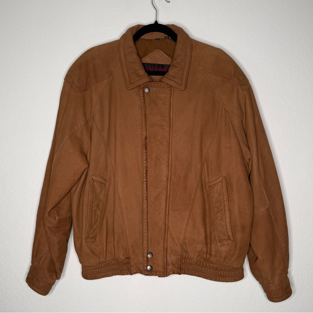 Mirage Vintage Brown Leather Bomber Jacket Lined Snap Zip Casual Coat Size M